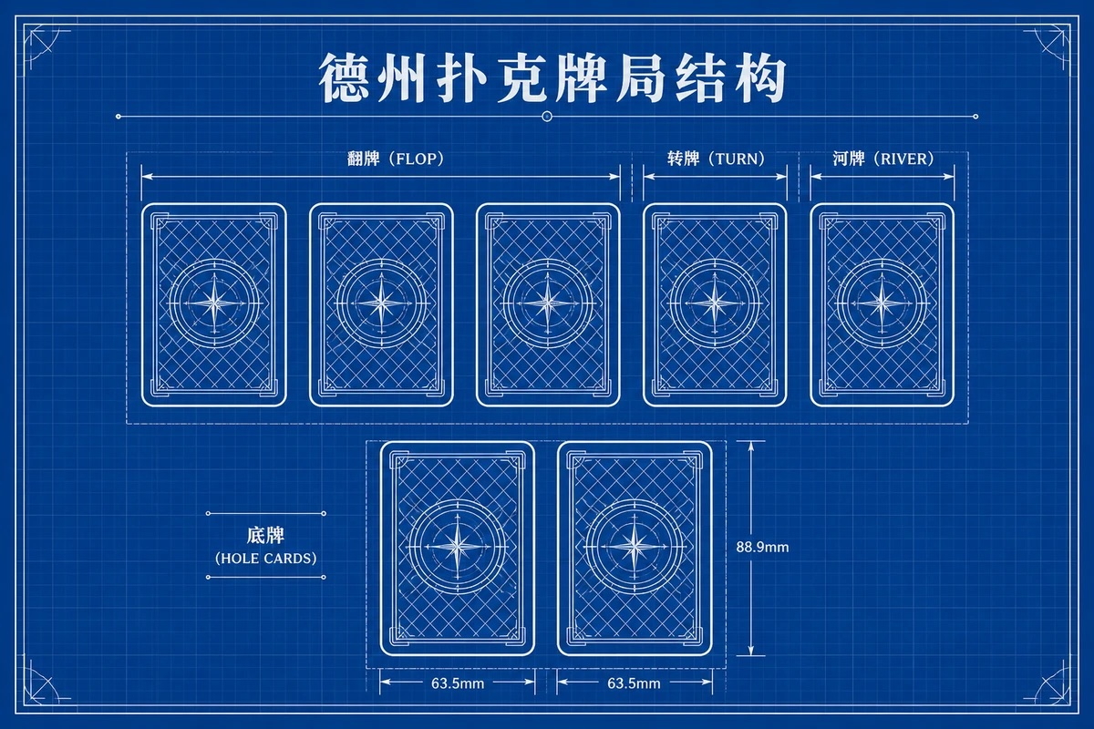 德州扑克牌局结构工程蓝图：底牌与翻牌转牌河牌的位置和尺寸标注
